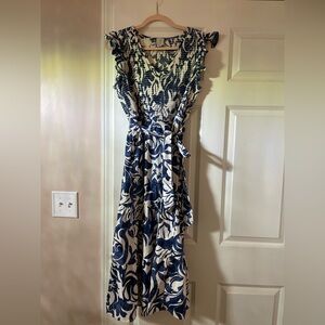Joie Navy and White Floral Wrap Midi Dress Size L